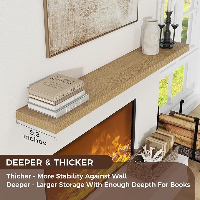 Venusmiles Floating Shelves for Wall, Engineered Wood Wall Shelves with Invisible Brackets for Living Room Bedroom Bathroom Office Kitchen Decor and Storage (Oak, 72" W x 9" D x 1.5" H) Set of 1