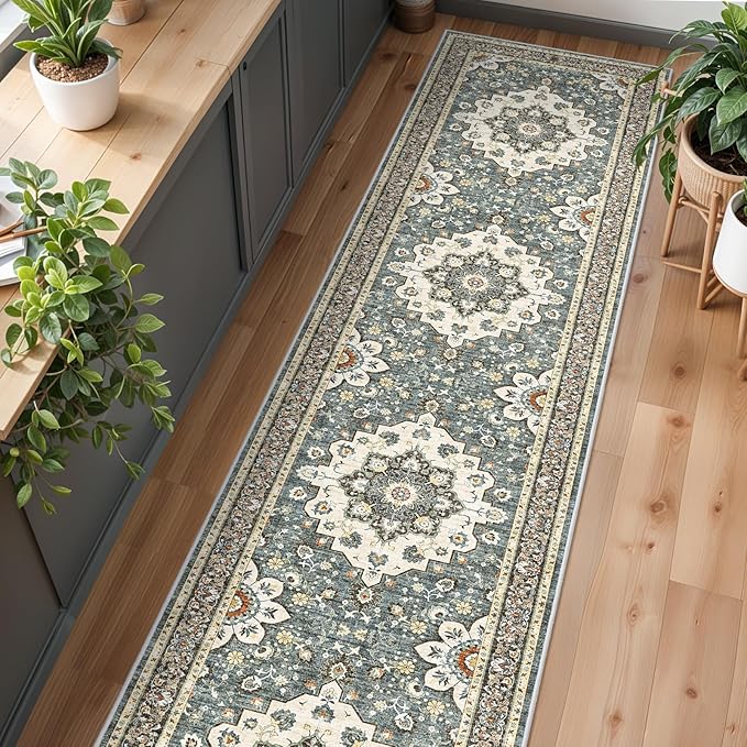 Washable Oriental Hallway Runner Rug - 3x14 Rugs for Living Room Soft Carpet for Bedroom Kitchen Waterproof Floral Distressed Indoor Stain Resistant Non-Shedding Floor Carpets (Blue, 3X14)