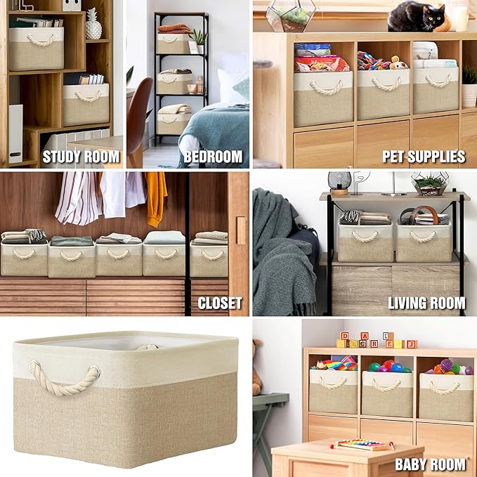 Simple Houseware 15.7" x 12" Wide & Low Fabric Storage Bin for Shallow Gaps and Closet, Braided Handles, 3 Pack, Beige