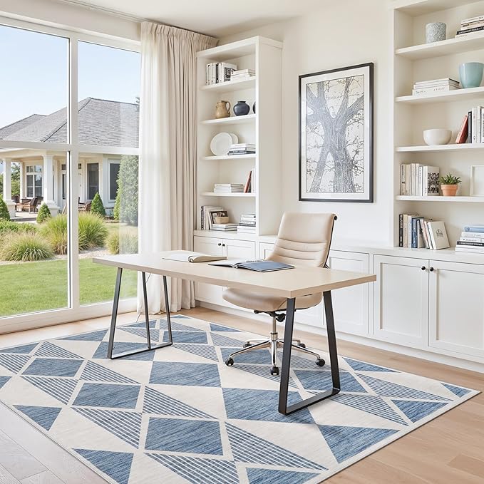 TOPRUUG Area Rug 5x6 Washable: Geometric Non-Slip Low Pile Rugs for Living Room Large Kitchen Bedroom Office - Ultra Soft Modern Aesthetic Home Decor (Blue White, 5X6)