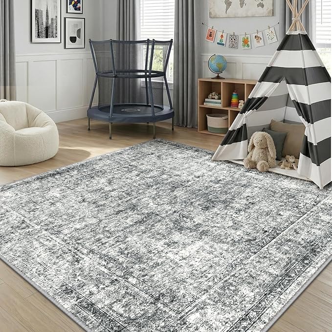 CAPALOCA Machine Washable Rugs Nursery Rug Sq6ft Cute Girl Non Slip Low Pile Water Repellent Soft Print Pattern for Bedroom Indoor Decor Kids Playroom Grey