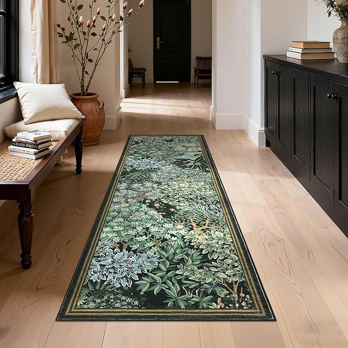 GarveeHome Forest Runner Rug, Blue Green Washable Runner Rug 2x6 for Kitchen, Botanical Low Pile Non Slip Stain Resistance Woodland Hallway Rug for Entryway Bedroom Laundry Room