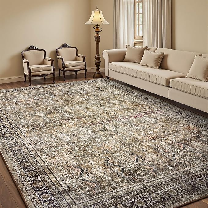 Lofus 6x9 Area Rug for Living Room,Brown Washable Area Rugs with Non-Slip Backing,Soft Boho Carpets for Bedroom Dining Room Home Office Indoor Nursery