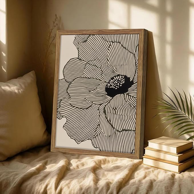 Framed Abstract Floral Wall Art, Neutral Lines Flower Canvas Wall Decor Painting, Modern Minimalist Botanical Poster Print Picture for Living Room Bedroom Bathroom 16x24 Inch
