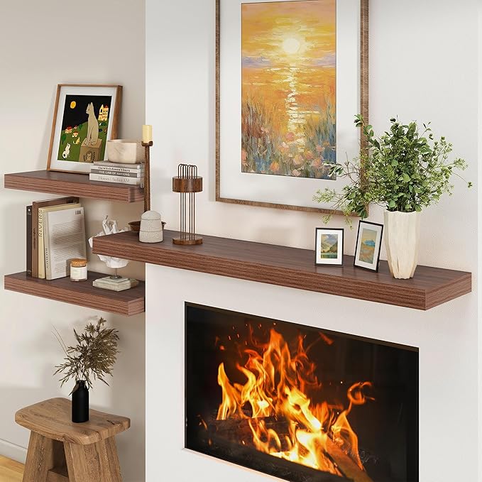 FLYJOE 12 Inch Deep Floating Shelves | 55 Inch Walnut Floating Shelves | 55" W x 12" D Rustic Wood Shelves for Wall | Deep Walnut Shelves for Living Room Bathroom Laundry Room Kitchen