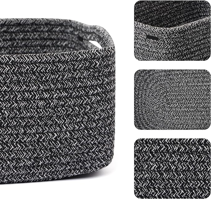 MiniArk Small Storage Baskets for Organizing | Closet Organizer Bins | Shelf Toy Basket | Woven Rope Baskets | Cube Decorative Box | Shallow Basket | 13x8.5x5.1” | 3 Packs Dark Gray