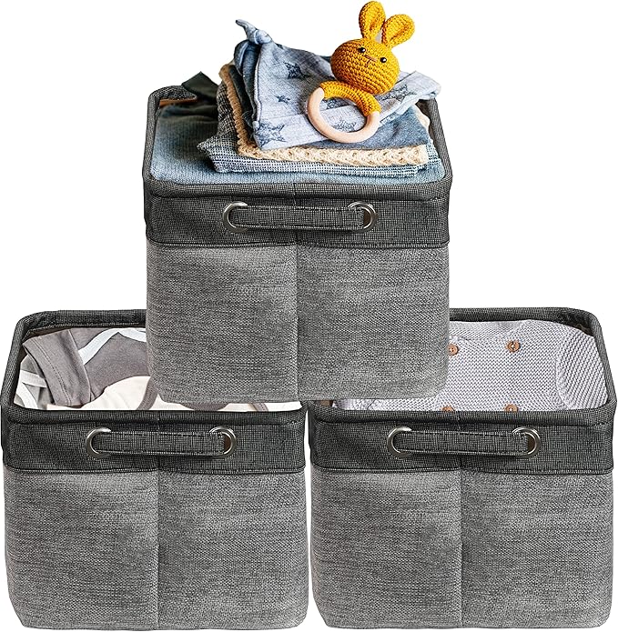 Simple Houseware Large Fabric Storage Bin, 14.4" x 10" with Handles, 3-Pack, Foldable Organizer for Closet and Shelf, Dark Gray