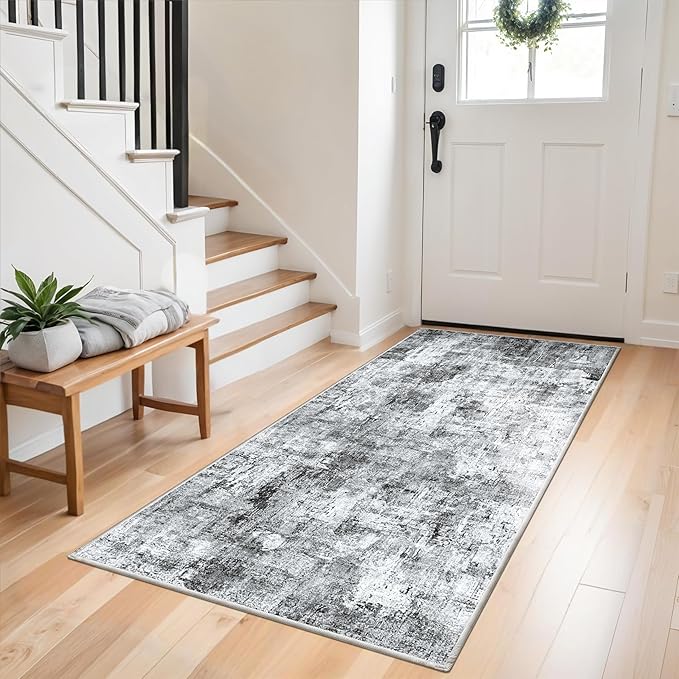 3x6 Washable Wide Runner Rug – Non-Slip Floor Carpet Runner for Kitchen Entryway Hallway Bathroom, Modern Abstract Low Pile Thin Area Rug (Grey)