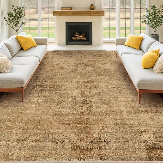 Hazo Haus Large Gold Brown Area Rug for Living Room Table – Rustic Farmhouse 10x12 Washable Rug for Dining Room, Bedroom Under Bed, Non-Slip with Rubber Backing & Stain Resistant