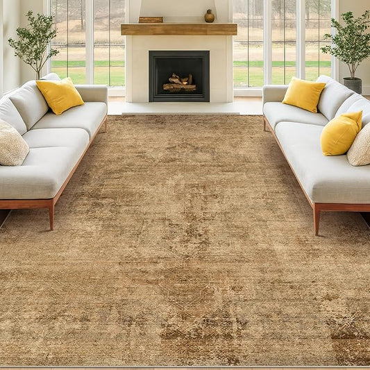 Hazo Haus Large Gold Brown Area Rug for Living Room Table – Rustic Farmhouse 10x12 Washable Rug for Dining Room, Bedroom Under Bed, Non-Slip with Rubber Backing & Stain Resistant