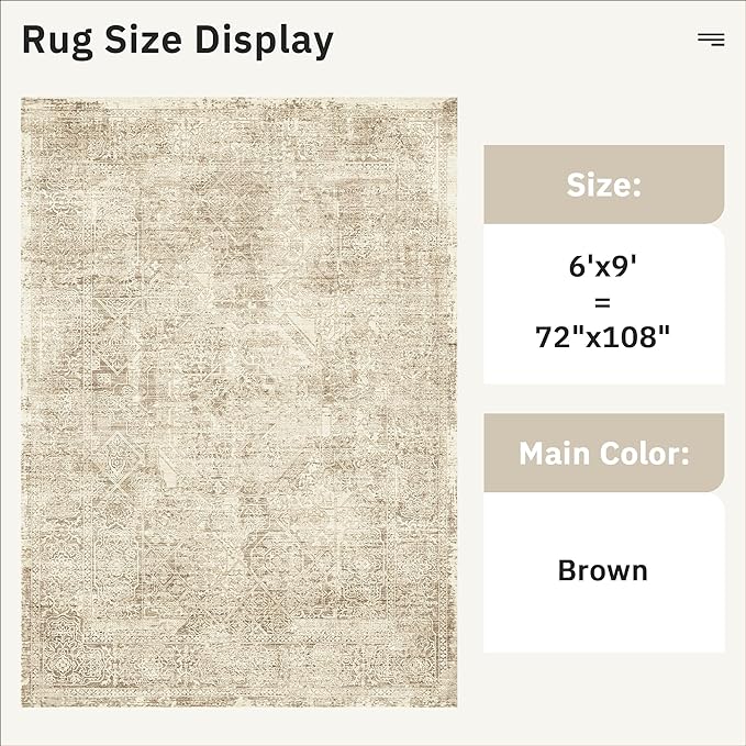 Soalmost 6x9 Area Rug for Living Room Floral Washable Non-Slip Modern Rugs for Bedroom Dinning Room Ultra-Thin Indoor Brown