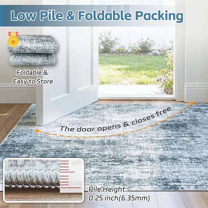 9x12 Area Rugs Washable Rug:Anti-Skid Abstract Modern Living Room Rug Soft Thin Carpets Indoor Floor Non-Shedding Carpet for Bedroom Dining Farmhouse Nursery Home Office(Light Slate Blue/White, 9x12)