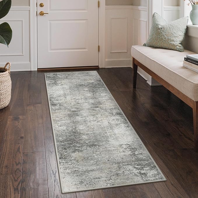 GENIMO Washable Rugs 2'6"x6 Runner Rugs for Hallway Kitchen, Modern Lightweight Rug Ultra Soft Indoor Runner Rugs for Entryway, Low Pile Carpet with Non Slip Backing, Mist Grey