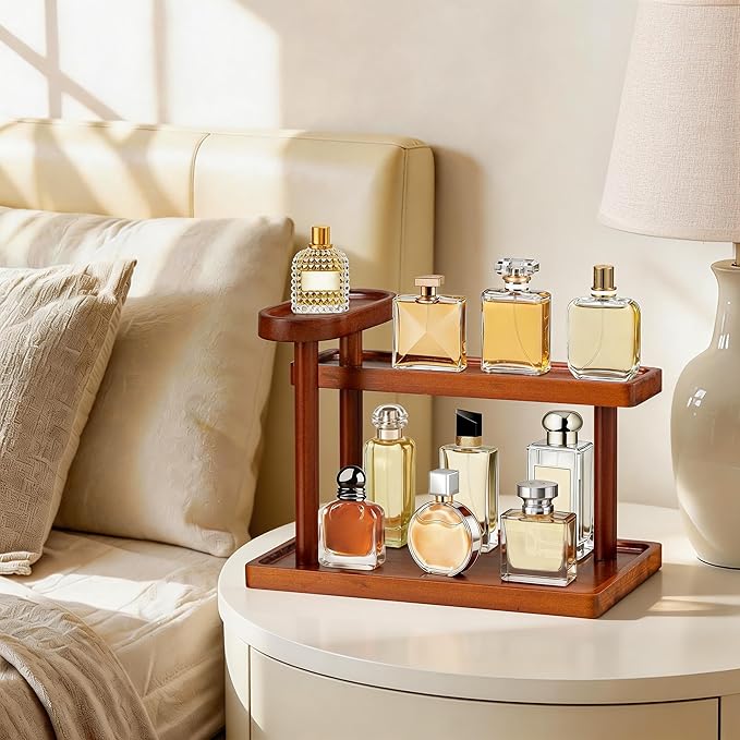 HBlife Cologne Organizer for Men, 12.5 Inch Cologne Stand for Men, Wooden Perfume Rack Display Shelf, 3-Tier Perfume Stand Organizer for Bedroom, Bathroom and Vanity, Ideal for Makeup Storage, Brown