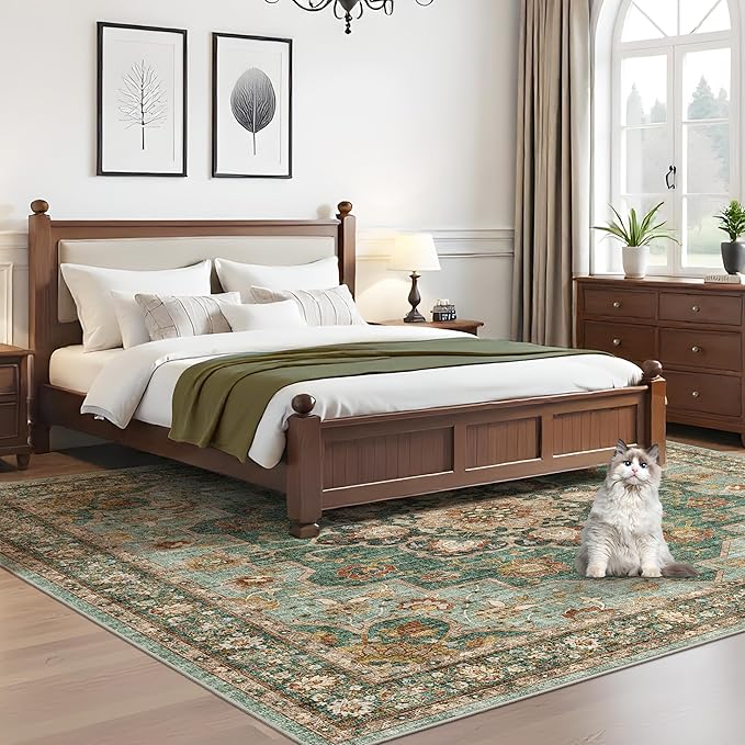 TOPRUUG Washable Oriental Area Rug - Green 10x10 Area Rugs for Living Room Bedroom Dining Room Under Kitchen Table - Non-Slip & Stain Resistance Rug for High Traffic Area (Green, 10x10)
