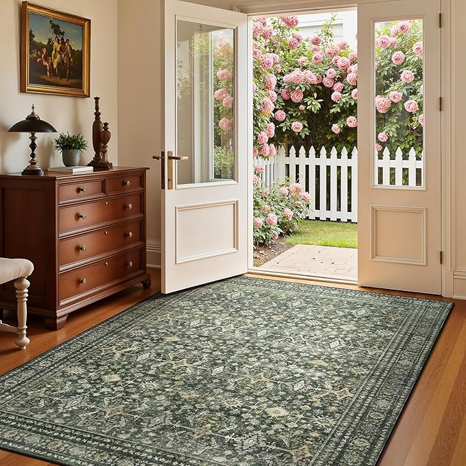 Lofus 2x5 Area Rug for Hallways,Green Washable Runner Rugs with Non Slip Rubber Backing, Low Pile Soft Carpet Runner for Kitchen Bathroom Bedroom Laundry