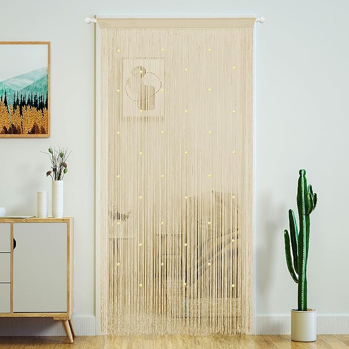 YaoYue Beaded Curtain Door String Curtains for Doorway Tassels Beads Hanging Fringe Hippie Room Divider Window Hallway Entrance Wall Closet Bedroom Privacy Decor (39×79in/100×200cm, Champagne)