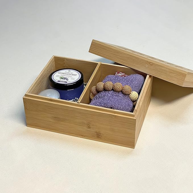 Bamboo Wooden Storage Box with Lid – Natural Wood Organizer with Removable Divider, 8.66 x 5.91 x 3.94 Inches – Decorative Jewelry, Kitchen, Bathroom & Home Organizer
