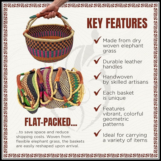 Africa Heartwood Project Deluxe Colorful African Basket with Leather Handles - Handmade from dried Elephant Grass, Hand-Woven by Women in Bolgatanga, Ghana - Large 16" Round Flat-packed