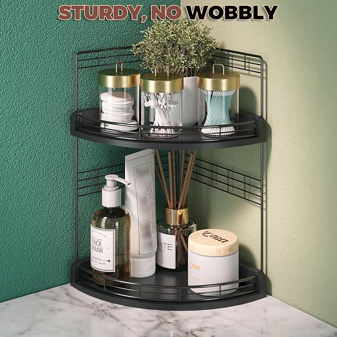 2-Tier Bathroom Countertop Corner Organizer for Small Spaces Counter Shelf for Sink & Vanity, Compact Vertical Storage for Toiletries (Black)