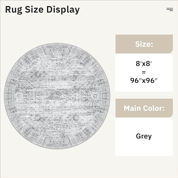 Soalmost 8x8 Grey Round Rug 8ft Living Room Circle Rug Vintage Round Area Rug Non Slip Indoor Carpet for Apartment