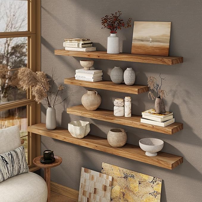 Marsmiles 55 inch Floating Shelves for Wall Solid Elm Wood Wall Mounted Shelves|Rustic Long Floating Shelves with Invisible Bracket for Bathroom Living Room Kitchen|Natural, 1 Pack