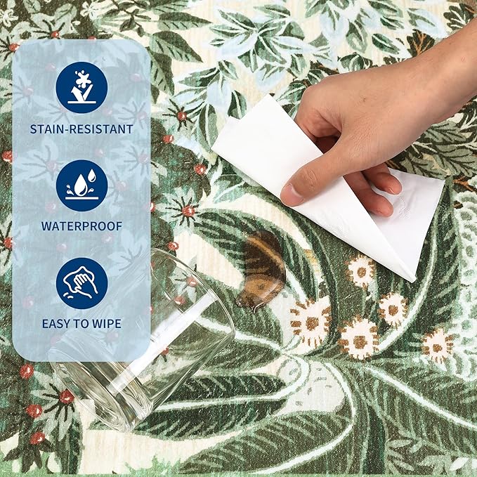 GarveeHome 2x3 Entryway Area Rug Non Slip Front Door Forest Rugs, Washable Indoor Kitchen Floor Mat Soft Low-Pile Stain Resistance Woodland Rug for Farmhouse Bedroom, Beige Green