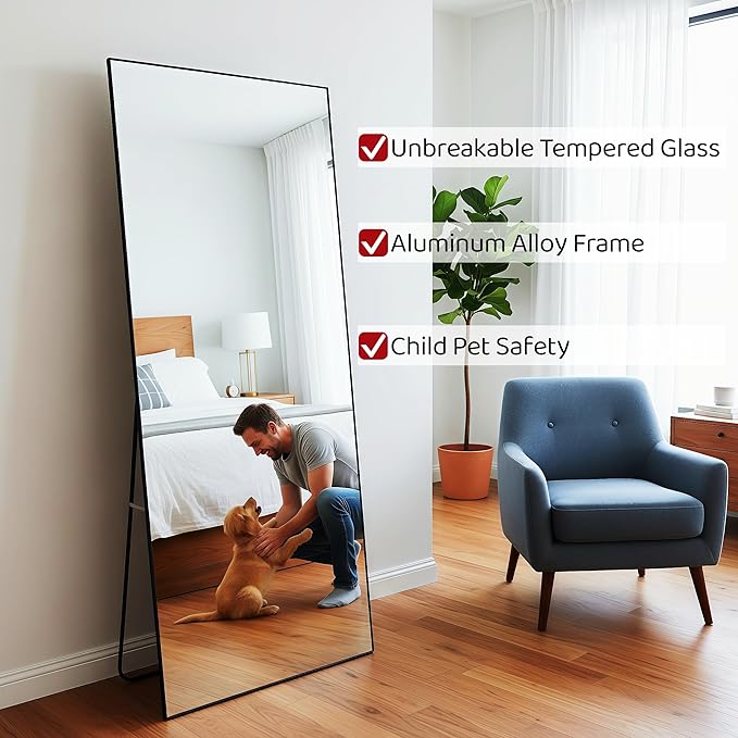 Full Length Mirror 56"x21" Black Rectangle Floor Mirror with Stand, Aluminum Alloy Frame Tempered Glass Full Body Mirror, Wall Mountable Standing for Bedroom Bathroom Living Room Entryway