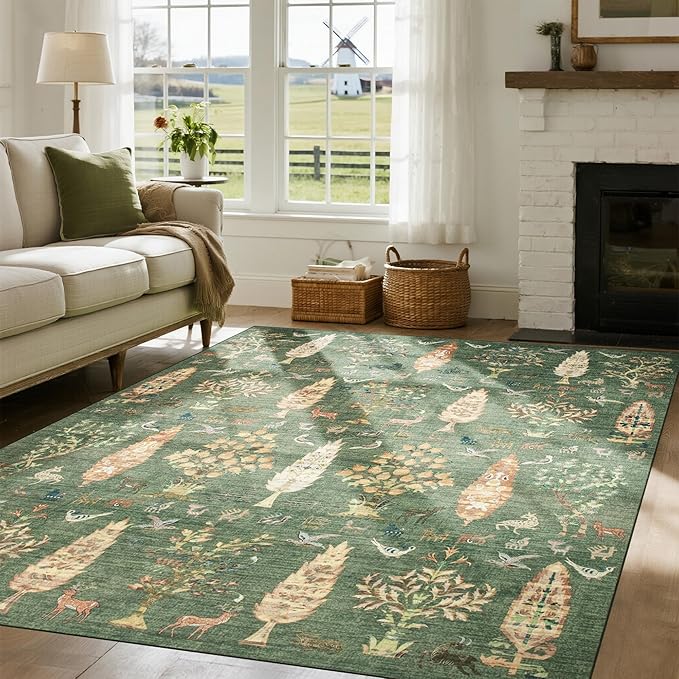 Srugn Washable Rugs 8x10 Area Rugs for Living Room,Bedroom,Dining Room- Large Ultra Soft Faux Wool Retro Carpet,Non Slip&Non-Shedding Low Pile Vintage Print Rug for Home Office Dorm-Grass Green