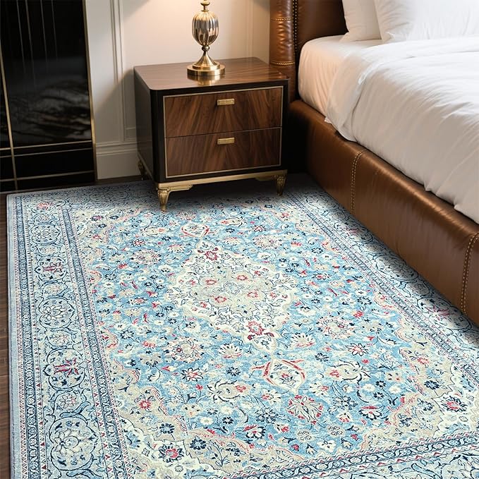 Goideal Washable Rug 3x5, Blue Area Rugs Non Slip, Indoor Low Pile Carpet with Rubber Backing for Living Room Kitchen Bathroom Entryway Office Bedroom