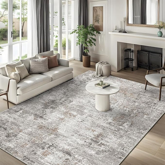 5x7 Non-Slip Machine Washable Area Rug - Modern Abstract Neutral Carpet for Living Room, Bedroom, Kitchen, Dining Room, Office - Soft Low Pile Stain-Resistant Rug with Rubber Backing (Beige, Grey)