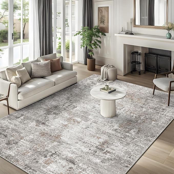 8x10 Washable Living Room Rug – Modern Neutral Abstract Soft Large Area Rug for Bedroom Dining Room Home Office Kitchen - Non-Slip Low Pile Thin Stain-Resistant Carpet (Beige,Grey)