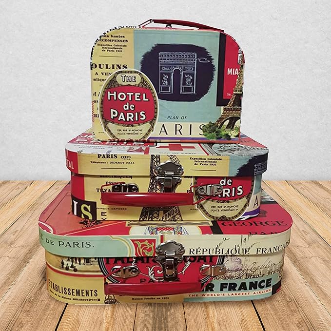 wald imports - Set of 3 Paperboard Suitcases -Decorative Storage Boxes - Suitcase Set for Decoration, Storage, and More (Parisian Adorned)