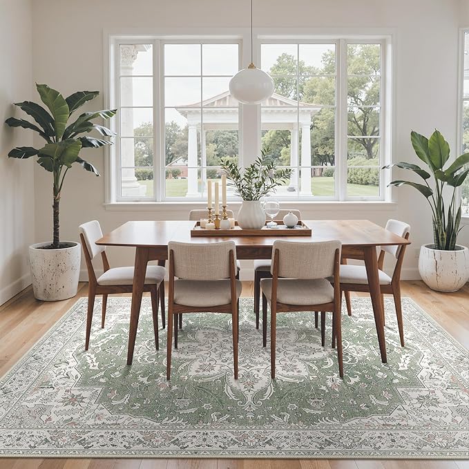 GENIMO 3X5 Washable Vintage Area Rugs for Living Room, Non-Slip Low Pile Chenille Print Rug, Soft Rugs for Bedroom Dining Room Home Office, Sage & Linen