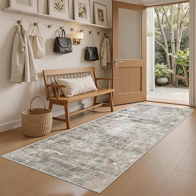 Soalmost Runner Rug 2x6 Washable Non-Slip Kitchen Runner Rugs for Bathroom Laundry Room Pink/Grey Vintage Floor Carpet Runners for Hallway Entryway