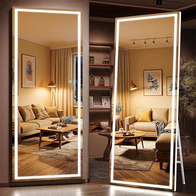 81" x 34" Full Length Mirror with Lights, Large LED Lighted Floor Standing Body Mirror, Dimmable & 3 Color Lighting for Bedroom, Cloakroom, Dressing Room, Tempered Glass, White Frame