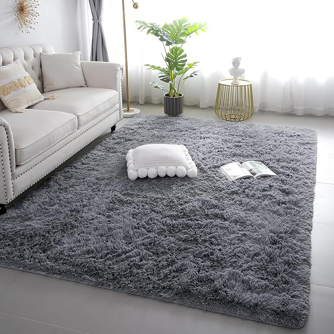 KICHOWUA 3x5 Grey Fluffy Shag Rug for Bedroom Soft Plush Fuzzy Washable Non Slip Carpet, Modern Floor Cozy Furry Shaggy Small Area Rug for Living Room, Kids Baby Boys Girls Nursery Dorm Room