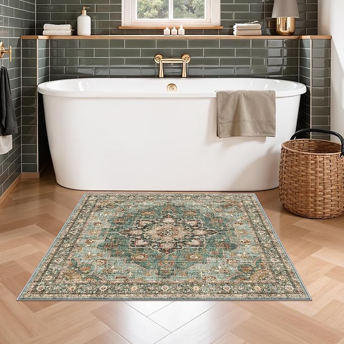 TOPRUUG Green Washable Entry Rug - 3x3 Area Rugs for Kitchen Bedroom Bedside Bathroom Entryway Non Slip with Rubber Backing Low Pile Ultra Soft Stain Resistant Small Carpet (Green, 3x3)
