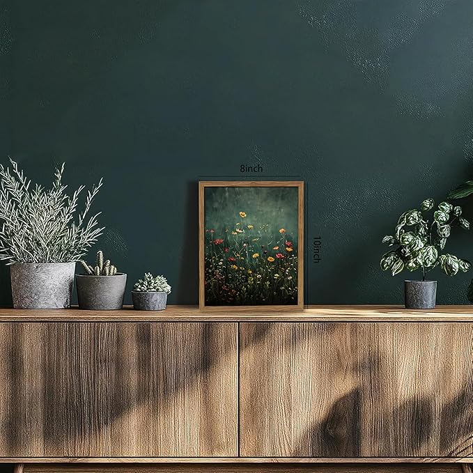 Wildflower Field Framed Wall Art, Vintage Botanical Flower Wall Decor, Modern Farmhouse Floral Canvas Art, Green Field Landscape Pictures Artwork for Living Room Bedroom – 8x10 inch