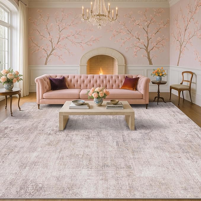 Hazo Haus Modern Rugs for Living Room 10x14 - Contemporary Dusty Pink Extra Large Area Rug for Dining Room Table, Foldable Thin Lightweight Non Slip Abstract Distressed Medallion Print Pattern