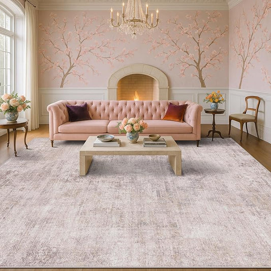 Hazo Haus Modern Rugs for Living Room 10x14 - Contemporary Dusty Pink Extra Large Area Rug for Dining Room Table, Foldable Thin Lightweight Non Slip Abstract Distressed Medallion Print Pattern