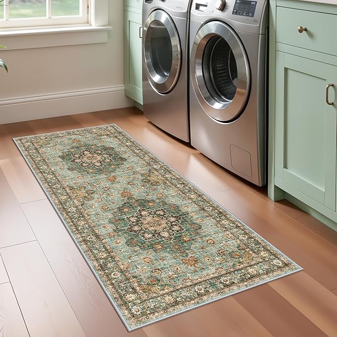 TOPRUUG Washable Entryway 2x5 Rug - Small Throw Runners for Kitchen Bathroom Bedroom Non-Slip Ultra-Thin Indoor Door Mat Indoor Entrance - Stain Resistant Vintage Home Decor (Green, 2X5)