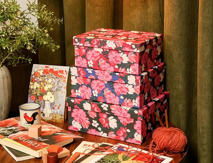 3-Piece Decorative Storage Boxes with Lids, Vibrant Pink and White Flower, Paperboard Keepsake box Set, Photo Storage Box for Memory, Home Decor, Knick-knacks Organizer, Shelf Decor