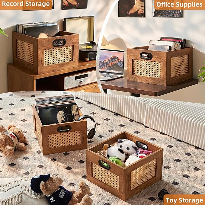 LELELINKY Vinyl Record Storage Crate, Rattan Vinyl Record Holder with Handle, Wood Record Crate for Vinyls Holder up to 75 LP's, Desktop Cube Album Storage for Vinyls Records(Tea Brown)