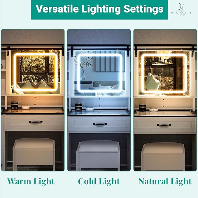Naomi Home 47" Farmhouse Makeup Vanity with Sliding Mirror, Glass Top Organizer, 3-Color LED Lights, Charging Station, 5 Drawers, 2 Cabinets & Stool – White Dressing Table