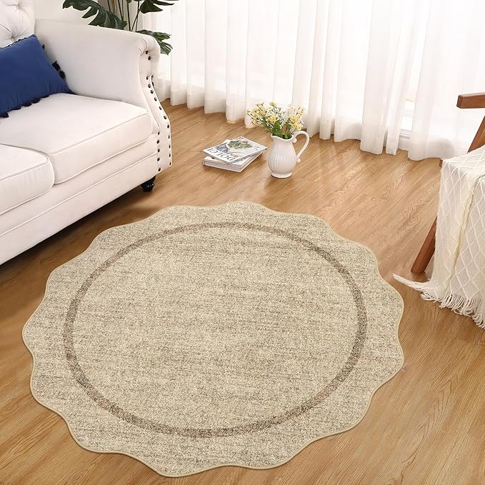 GarveeHome Scalloped Round Rugs 6Ft Washable Area Rug for Playroom, Kids Non-Slip Neutral Classic Circle Rug Modern Large Carpet Soft Boys Rug for Classroom Dorm Bedroom, Jute