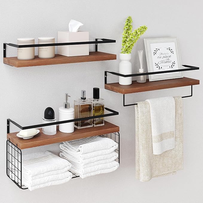 Wood Floating Shelves Wall Mounted - 3+1 Tier Rustic Bathroom Shelves Over Toilet with Wire Storage Basket &Towel Bar, Set of 3 Farmhouse Floating Shelf for Bathroom,Kitchen,Bedroom,Dark Brown.