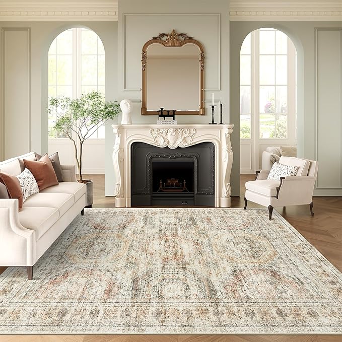 Soalmost 9x12 Area Rugs for Living Room, Non Slip Machine Washable Vintage Rugs, Low Pile Lightweight Large Rug for Bedroom, Dining Room, Home Office Brown Pink
