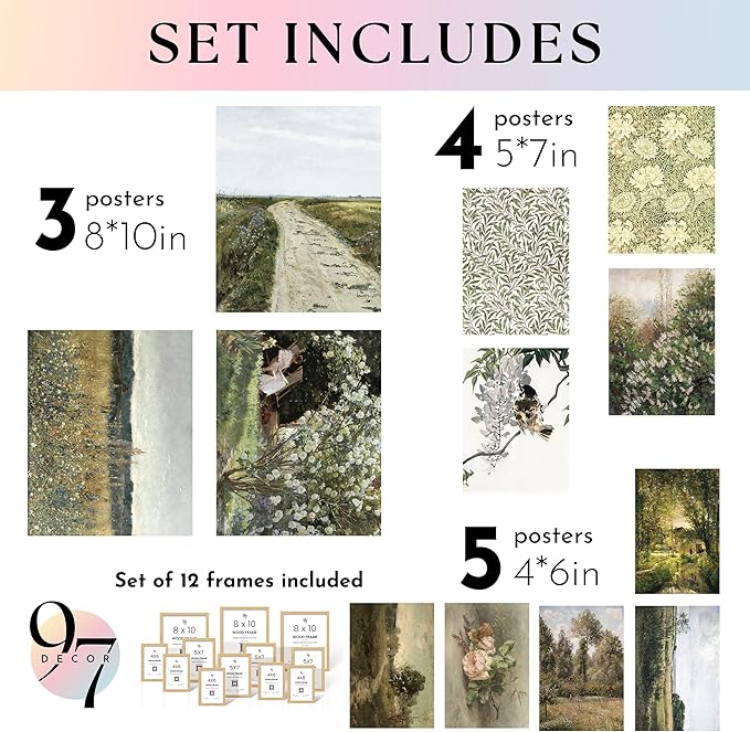97 Decor Vintage FRAMED Wall Art - Framed Vintage Wall Art Prints, Vintage Posters For Room Aesthetic, Lanscape Prints For Walls Decor, Moody Gallery Pictures Botanical Paintings For Home Bedroom (BEIGE FRAME)