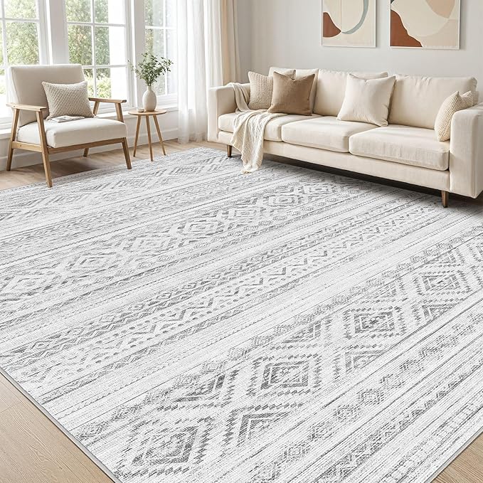 cotiled 10x14 Area Rug Living Room: Washable Boho Rugs with Non Slip Backing Large Soft Indoor Stain Resistant Carpet for Bedroom Farmhouse Dining Room Lightweight Home Decor Light Grey